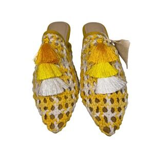 Rag & Co Yellow White Crochet Tassel Mules‎ Pointed Toe Flats Womens 8 NEW